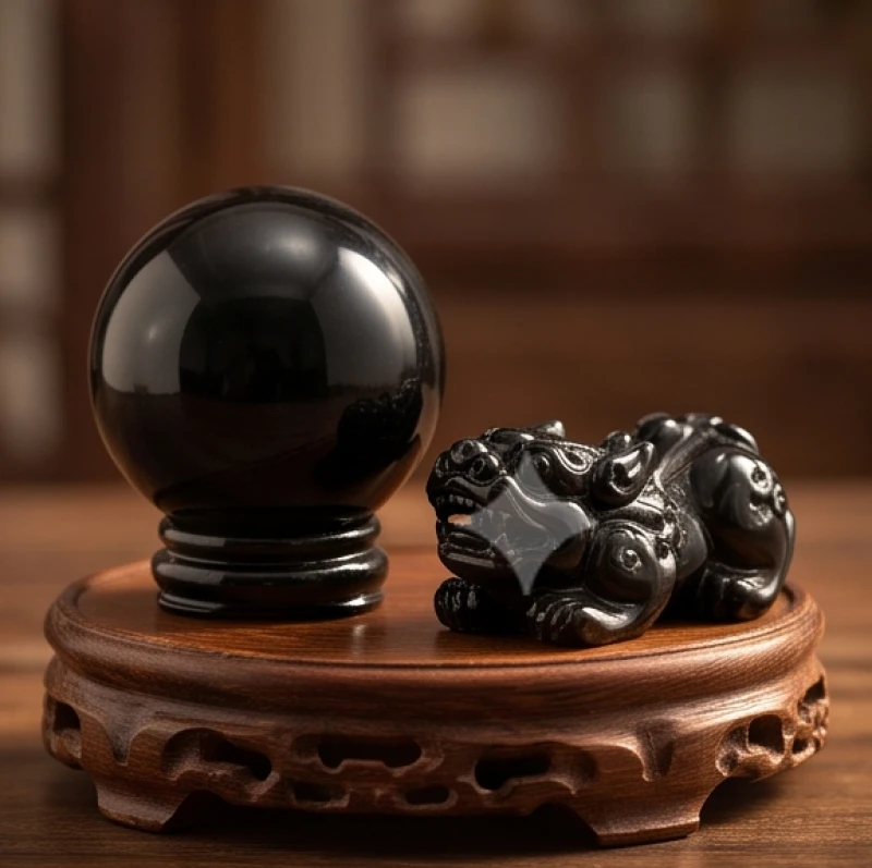 Quả cầu thạch anh đen và tượng Tỳ Hưu bằng đá Obsidian đặt trên bệ gỗ hướng Bắc