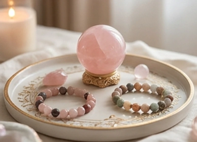 Cầu thạch anh hồng và vòng tay phong thủy được sắp xếp tinh tế giúp thu hút năng lượng nhân duyên tích cực