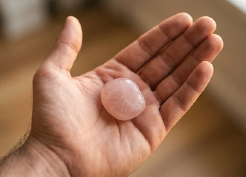 Nam giới cầm khối thạch anh hồng nhỏ trong tay để kích hoạt vượng khí