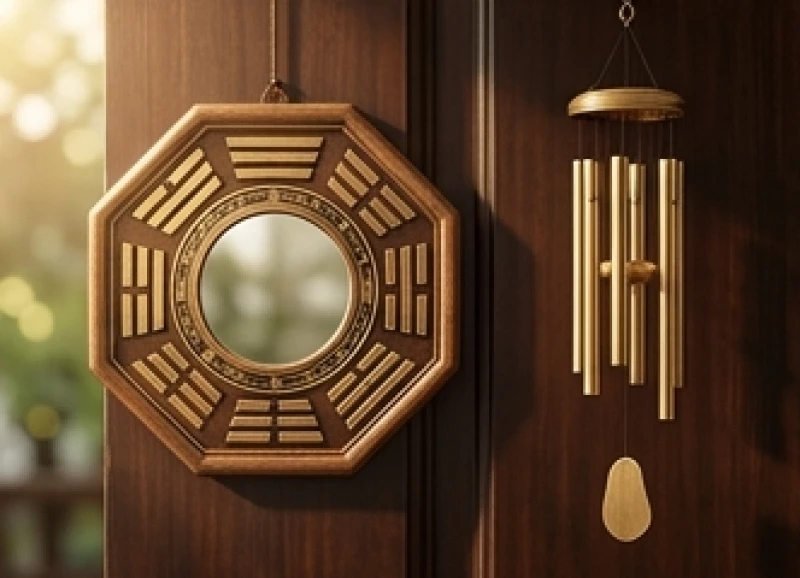 Tháng tốt xấu của tuổi Mùi năm 2027: Lịch cát hung từng nạp âm 9 Chiếc gương bát quái bằng gỗ và chuỗi chuông gió đồng treo ngay ngắn trước cửa một ngôi nhà