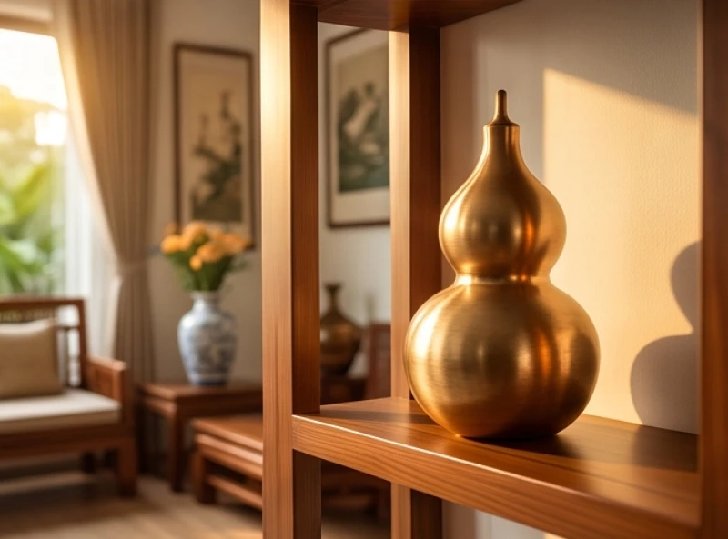 Hồ lô phong thủy bằng đồng đặt trên kệ gỗ trang trí trong không gian phòng khách