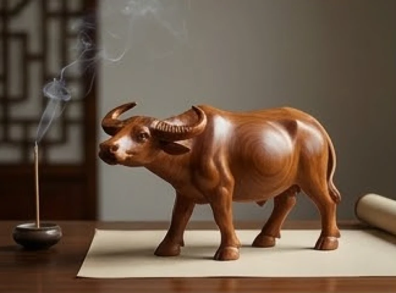Tượng trâu gỗ đặt trên bàn làm việc đóng vai trò là vật phẩm phong thủy hóa giải khí trường xung khắc