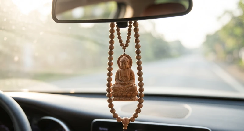 Tuổi Tý mua xe màu gì: Bảng tra cứu chi tiết và cách hóa giải 13 Chuỗi hạt trầm hương và tượng Phật bằng gỗ tự nhiên được treo trang trọng trên gương chiếu hậu bên trong xe