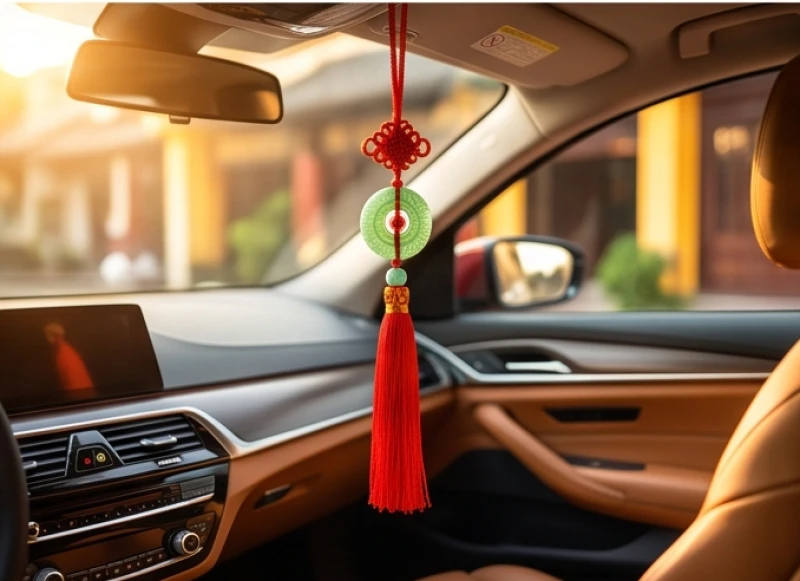 Dải khánh bình an màu đỏ rực rỡ đính kèm ngọc bích được treo trang trọng trong buồng lái