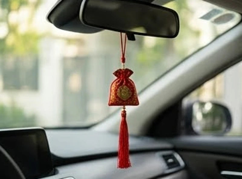Tuổi Mão mua xe ngày nào tốt: Bảng tra cứu ngày giờ và hóa giải 10 Một chiếc khánh bình an màu đỏ và túi muối nhỏ được treo trên gương chiếu hậu bên trong ô tô