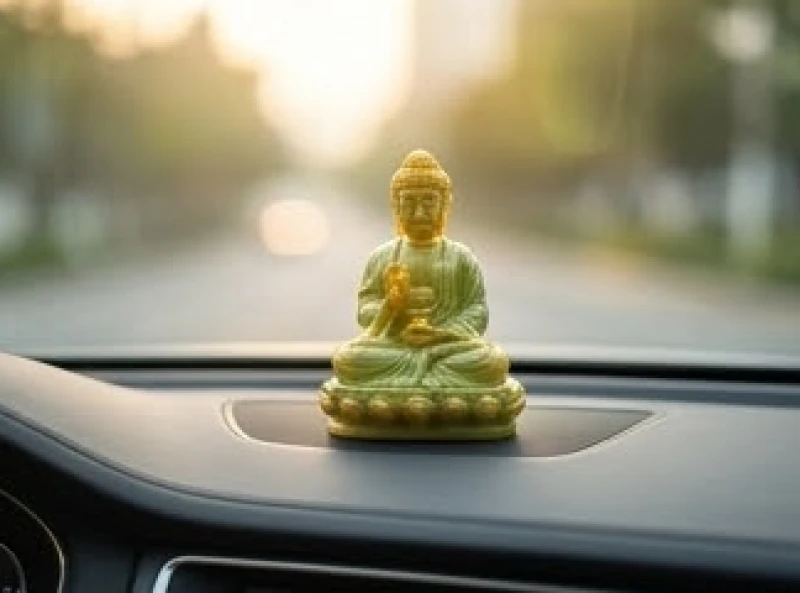 Tượng Phật nhỏ bằng ngọc vàng đặt trang trọng trên taplo xe ô tô
