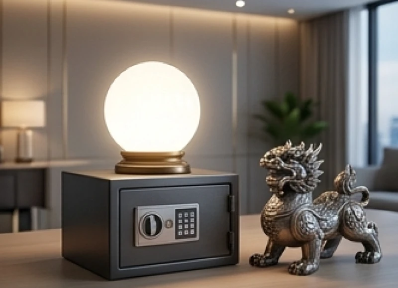 Quả cầu thạch anh trắng và tượng Tỳ Hưu được bày trí trang trọng trên két sắt để bảo vệ dòng tiền