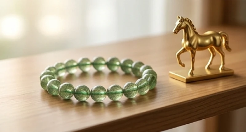 Tuổi Mậu Tuất 2018: Bản Mệnh, Hướng Hợp Và Cách Hóa Giải Hạn 7 Vòng tay đá thạch anh tóc xanh và tượng ngựa vàng được trưng bày trang trọng trên kệ gỗ tự nhiên