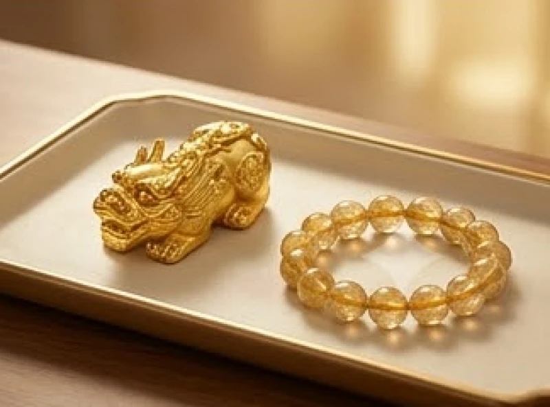 Bức tượng Tỳ Hưu mạ vàng và vòng tay thạch anh tóc vàng đặt tinh tế trên bàn