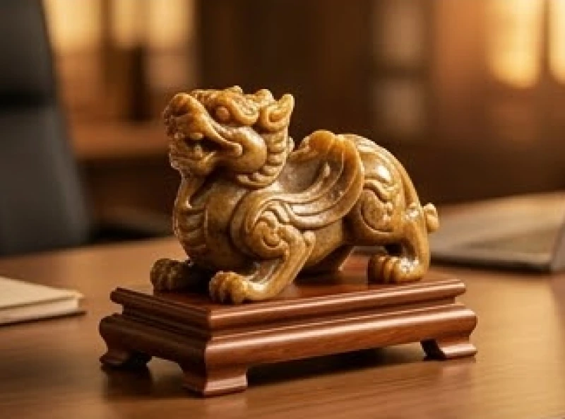 Tượng Tỳ Hưu đá vàng sậm được đặt trang trọng trên bàn làm việc giúp hóa giải xung khắc