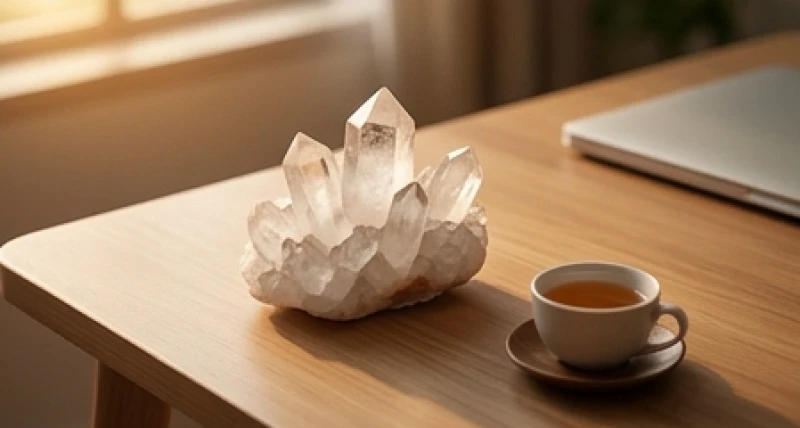 Khối tinh thể thạch anh tự nhiên đặt trên bàn làm việc giúp cân bằng trường năng lượng