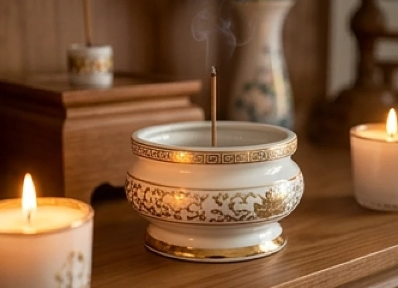 Bát hương gốm sứ có họa tiết mạ vàng kim được sắp xếp gọn gàng trên án gian thờ dành cho người mệnh Kim
