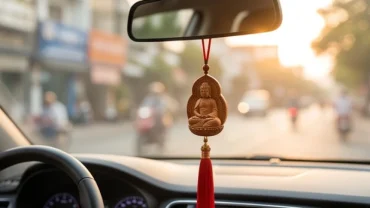 Tượng Phật Hư Không Tạng Bồ Tát bằng gỗ được treo trên gương chiếu hậu ô tô làm vật phẩm treo xe cho người tuổi Dần