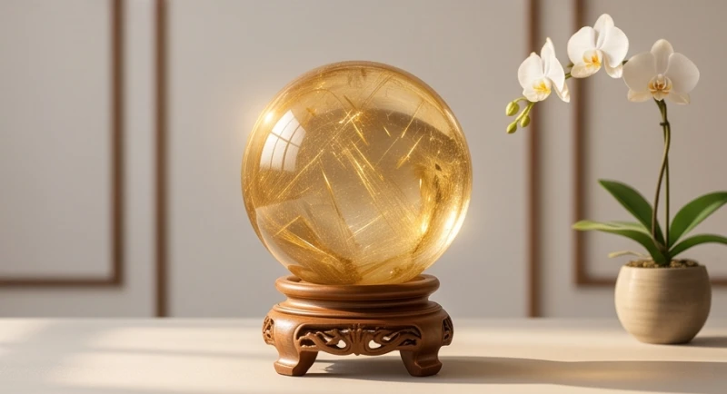 Quả cầu thạch anh tóc vàng đặt trên kệ gỗ hỗ trợ năng lượng bình an cho tuổi ất mùi 1955