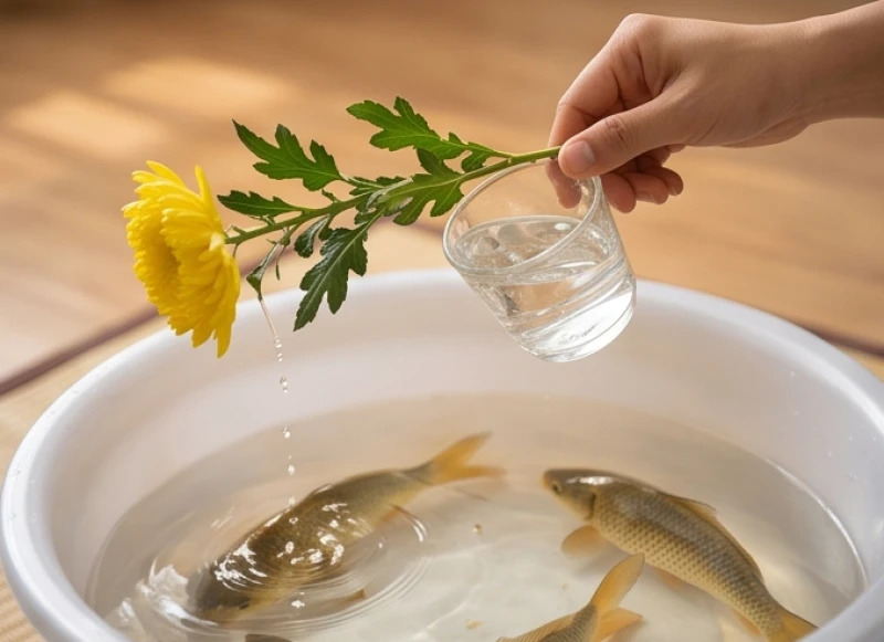 Dùng một cành hoa cúc vàng nhúng nước sạch rảy nhẹ lên chậu cá chép trong lúc đọc văn khấn tại nhà