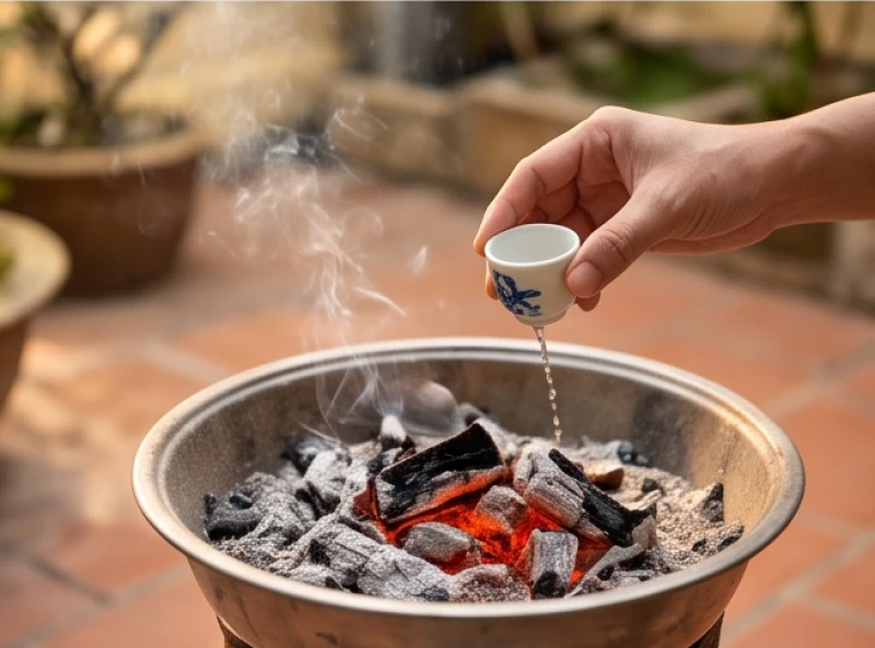 Gia chủ từ từ vẩy ly rượu trắng lên lớp tro đỏ ủ nóng sau khi vàng mã đã cháy hết hoàn toàn