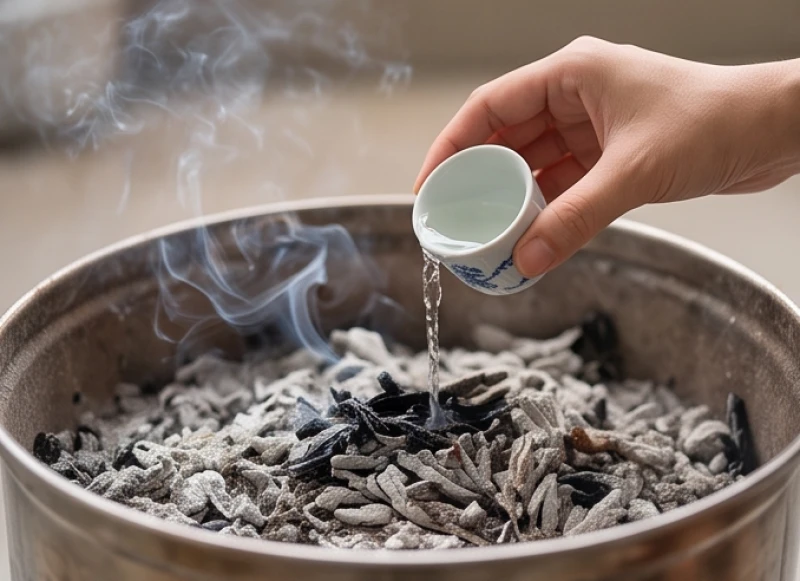 Nghi thức rót rượu trắng lên mẻ tro tàn còn ấm sau khi đốt xong vàng mã mùng 3 Tết