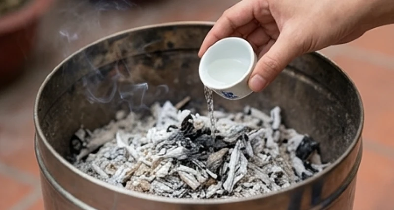 Bàn tay từ từ rót một chén rượu trắng rưới quanh lớp tro tàn màu xám trong lư hóa vàng