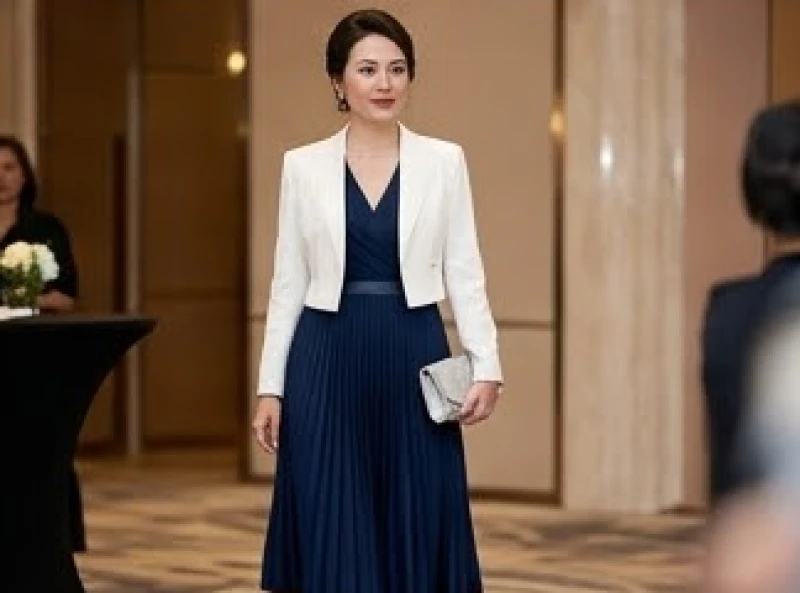 Màu trang phục hợp tuổi Ngọ: Tỷ lệ phối đồ chuẩn phong thủy 10 Đầm suông xếp ly màu xanh navy quý phái được phối cùng áo khoác blazer lửng màu trắng