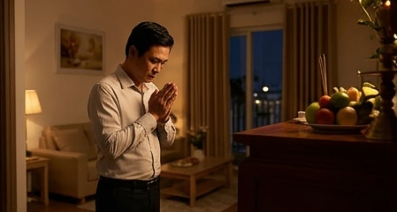 Văn khấn gia tiên khi trở về nhà: Bài cúng và trình tự chuẩn 3 Người đàn ông chắp tay vái vọng gia tiên khi trở về nhà lúc đêm muộn
