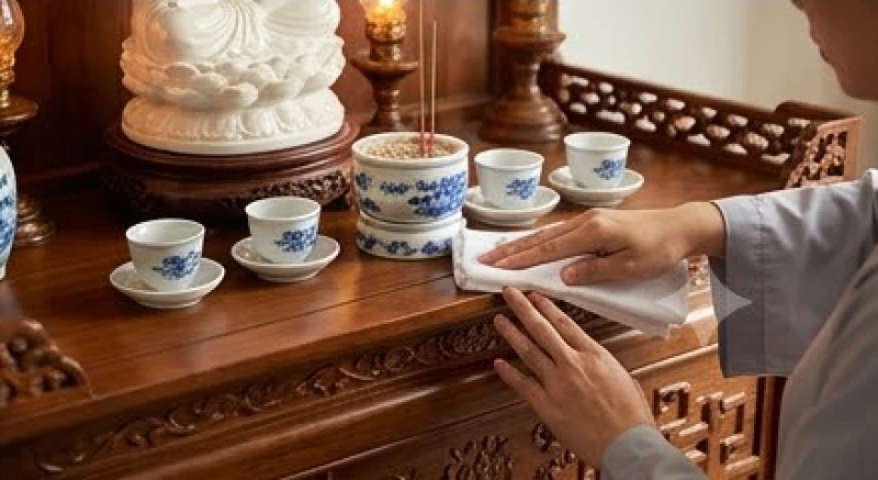 Văn khấn Phật Bà Quan Âm tại nhà: Trọn bộ bài cúng và nghi thức 8 Rút tỉa chân nhang và dùng khăn sạch lau dọn không gian bàn thờ Phật Bà Quan Âm