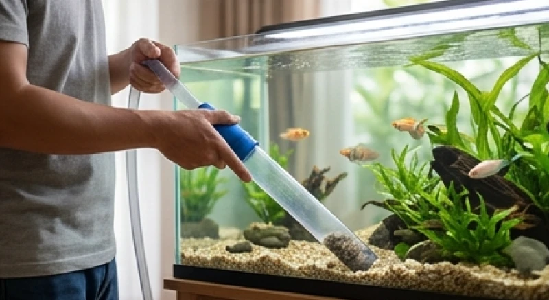 Bể cá phong thủy tuổi Thân: Bảng nạp âm, dáng bể & cách hóa giải 8 Người nuôi cá đang dùng ống siphon hút cặn đáy để thay một phần nước trong hồ