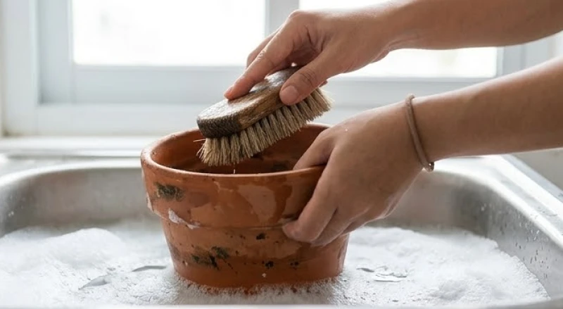 Cây héo lá đột ngột là điềm gì: Giải mã phong thủy và cách sơ cứu 13 Chiếc chậu gốm trống rỗng đang được cọ rửa sạch sẽ bằng bàn chải để loại bỏ vi khuẩn và nấm mốc