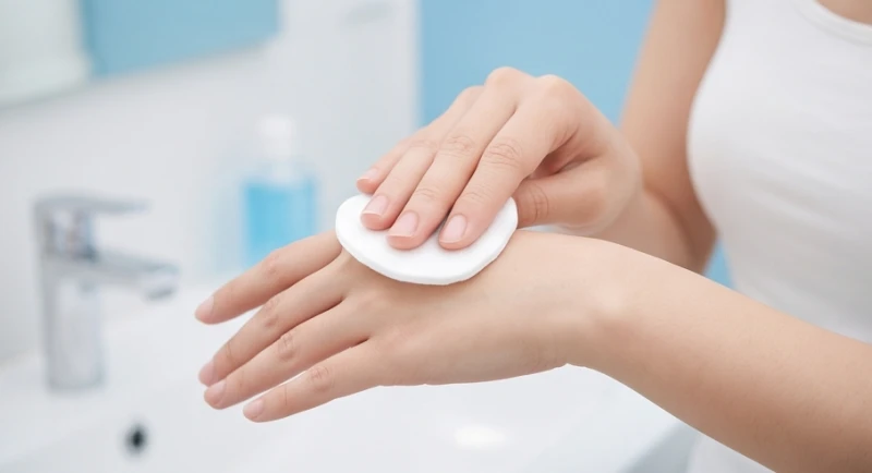 Bông tẩy trang thấm nước muối sinh lý dùng để lau nhẹ nhàng vùng da đang hồi phục