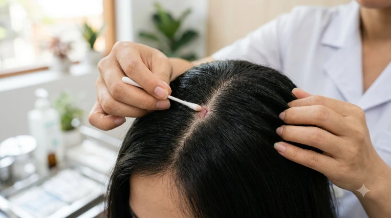 Chiếc tăm bông sạch thấm nước muối sinh lý nhẹ nhàng làm sạch vị trí da đầu vừa được bắn laser