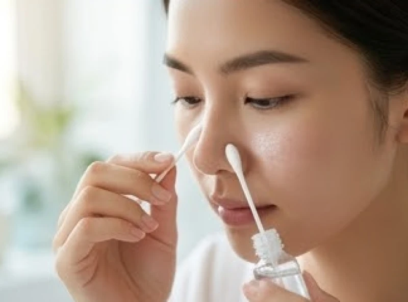 Các bước làm sạch nhẹ nhàng vùng da quanh mũi bằng tăm bông và nước muối sinh lý