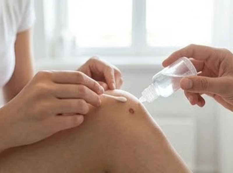 Thao tác dùng tăm bông và nước muối sinh lý chấm nhẹ lên vùng da quanh gối