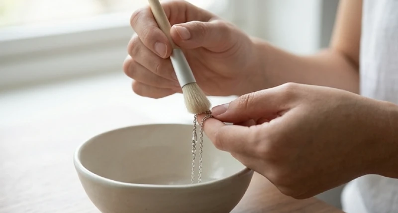 Quy trình làm sạch dây xích bạc bằng bàn chải lông siêu mềm và nước ấm