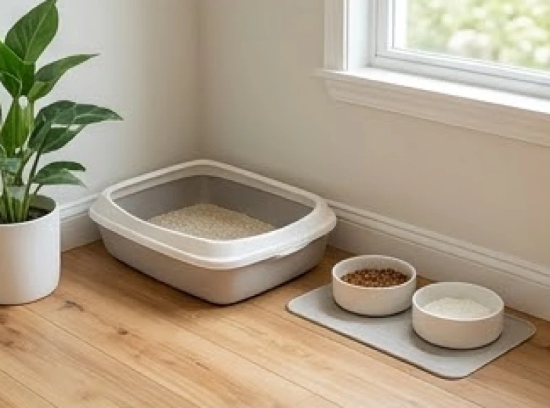 Góc nuôi thú cưng sạch sẽ và thoáng đãng với khay cát gọn gàng cùng các bát ăn bằng sứ