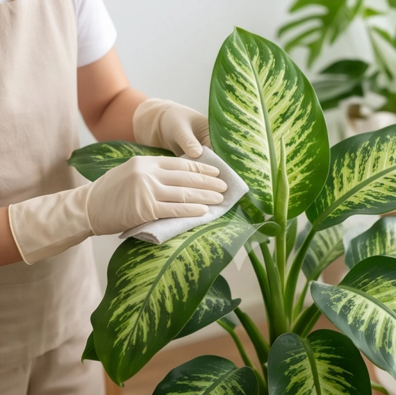 Cây trồng trong nhà hợp tuổi Tỵ: phân biệt cung phi nam nữ 11 Bàn tay mang găng cao su đang cẩn thận lau sạch bụi bẩn trên từng chiếc lá vạn niên thanh