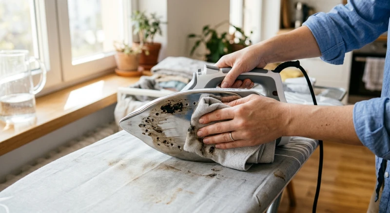 Lau sạch lớp cặn bẩn và mảng bám đen dưới đáy bàn ủi bằng khăn ẩm để ngăn ngừa nguy cơ làm bẩn quần áo