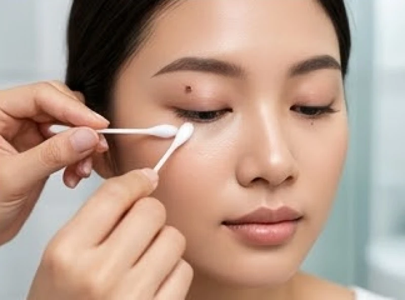 Sử dụng tăm bông vô khuẩn thấm nước muối sinh lý để chấm nhẹ nhàng làm sạch vùng da mí mắt vừa tẩy nốt ruồi