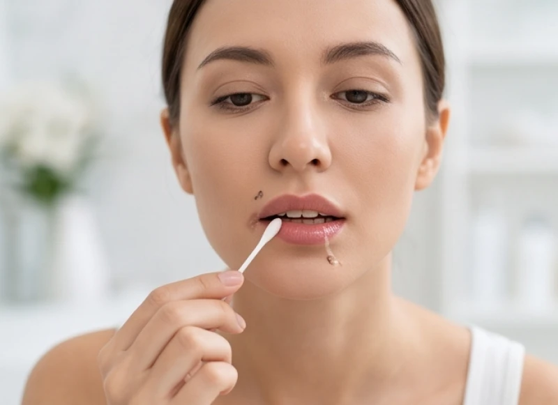 Chăm sóc nhẹ nhàng vùng da viền môi bằng tăm bông và nước muối sinh lý để tránh nhiễm khuẩn