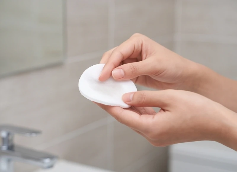 Thấm nước muối sinh lý vào bông tẩy trang để làm sạch vùng da dưới cánh tay nhẹ nhàng