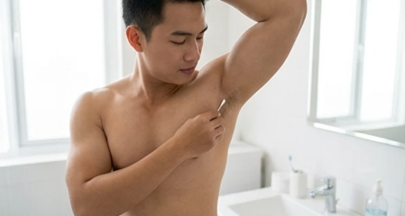 Nam giới dùng tăm bông sạch thấm nước muối sinh lý vệ sinh nhẹ nhàng vùng da dưới cánh tay sau khi tẩy nốt ruồi