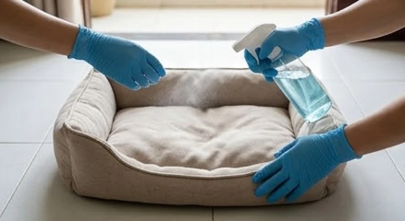 Chó chết trong nhà là điềm gì: Phân biệt điềm báo & cách xả xui 3 Đôi tay đeo găng y tế đang cẩn thận xịt dung dịch sát khuẩn vào khu vực ổ đệm của chó cưng