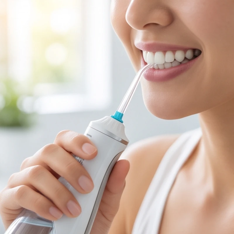 Thao tác vệ sinh răng miệng bằng máy tăm nước và bàn chải kẽ để bảo vệ nụ cười thẩm mỹ