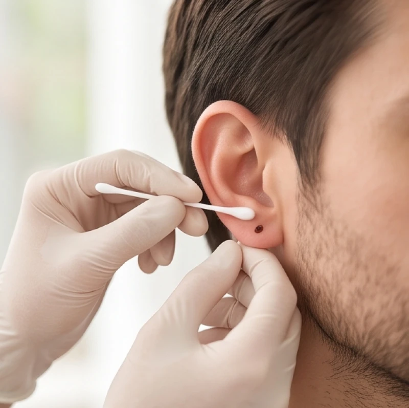 Dùng tăm bông và nước muối sinh lý để vệ sinh nhẹ nhàng vùng da dái tai vừa điều trị