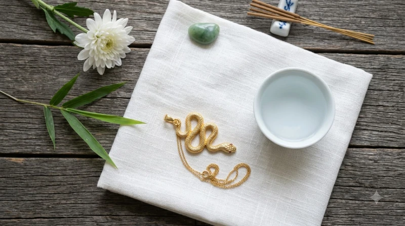 Chiếc mặt dây chuyền hình rắn phong thủy được lau rửa cẩn thận bằng khăn mềm và rượu trắng