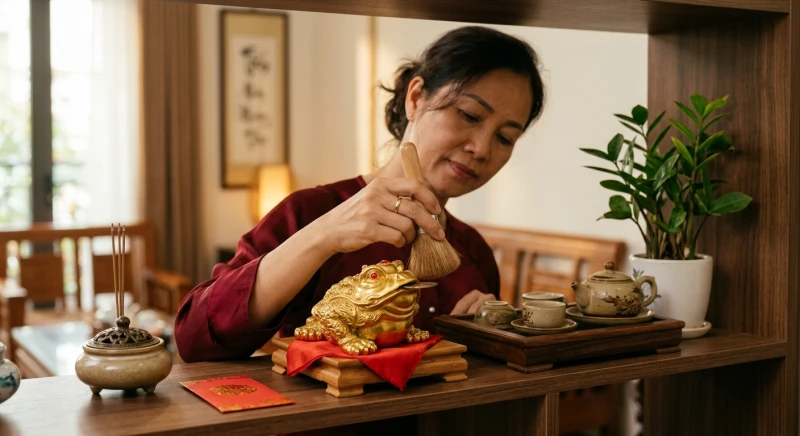 Dùng chổi cọ lông tơ mềm mại quét bụi cho linh vật thiềm thừ phong thủy tuổi thân thay vì trùm kín mặt