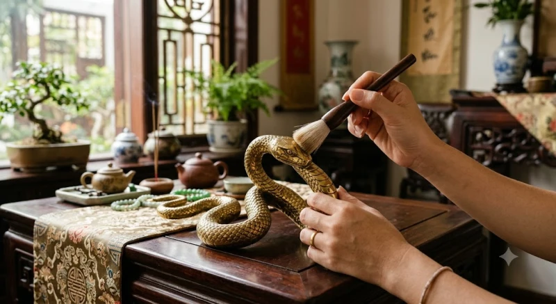 Người thợ cẩn thận dùng cọ lông mềm phẩy sạch bụi bặm trên các rãnh điêu khắc của tượng đồng