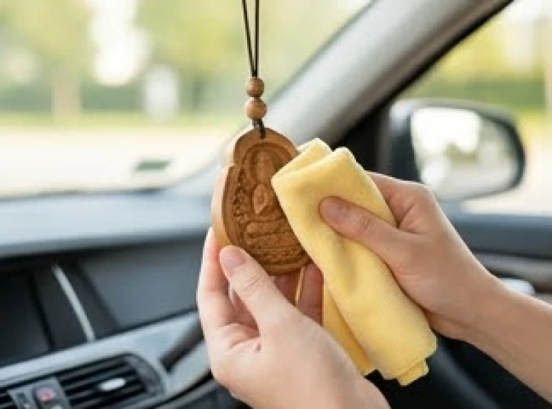 Bàn tay dùng khăn vi sợi mềm lau chùi cẩn thận bề mặt mặt tượng khánh treo xe ô tô khỏi bụi bẩn