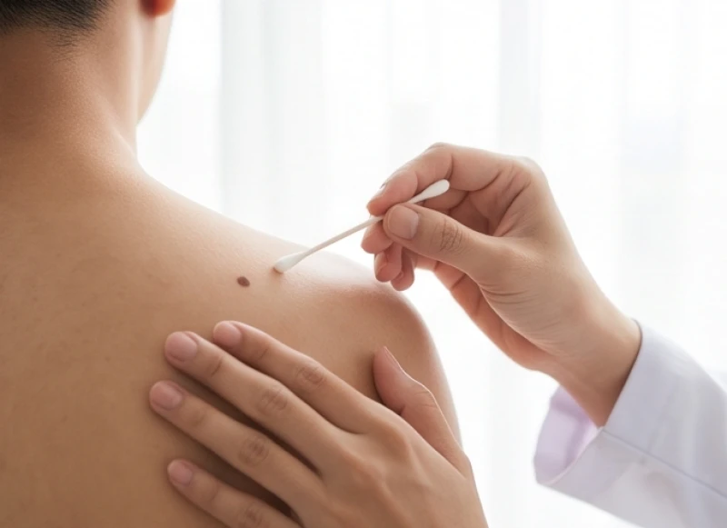 Dùng tăm bông tẩm nước muối sinh lý nhẹ nhàng làm sạch bã nhờn quanh khu vực trên vai vừa bắn laser