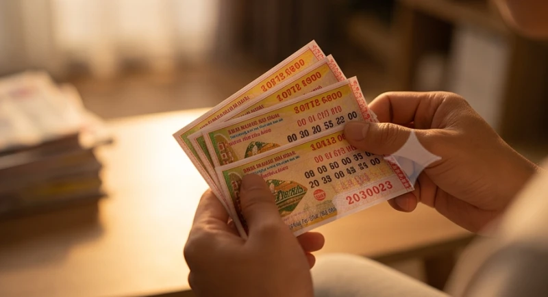 Cầm trên tay những tờ vé số truyền thống dưới ánh đèn vàng ấm áp để thử vận may an toàn