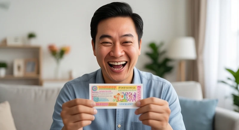 Gương mặt vỡ òa hạnh phúc của một người đàn ông khi cầm trên tay tờ vé số kiến thiết trúng giải