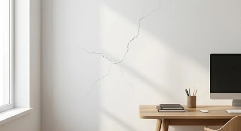 Bức tường có vết nứt nhỏ cạnh bàn làm việc phản ánh rủi ro tài chính tiềm ẩn